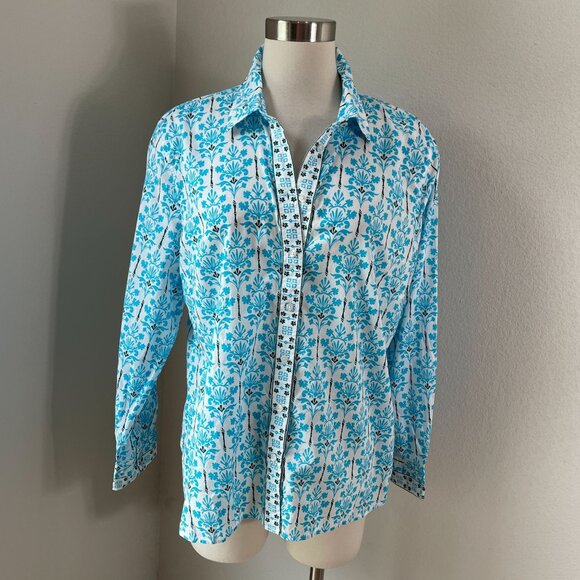 Talbots Womens Petite XL Modern Classic Button Down Shirt Damask Bouquet Blouse - Picture 1 of 12